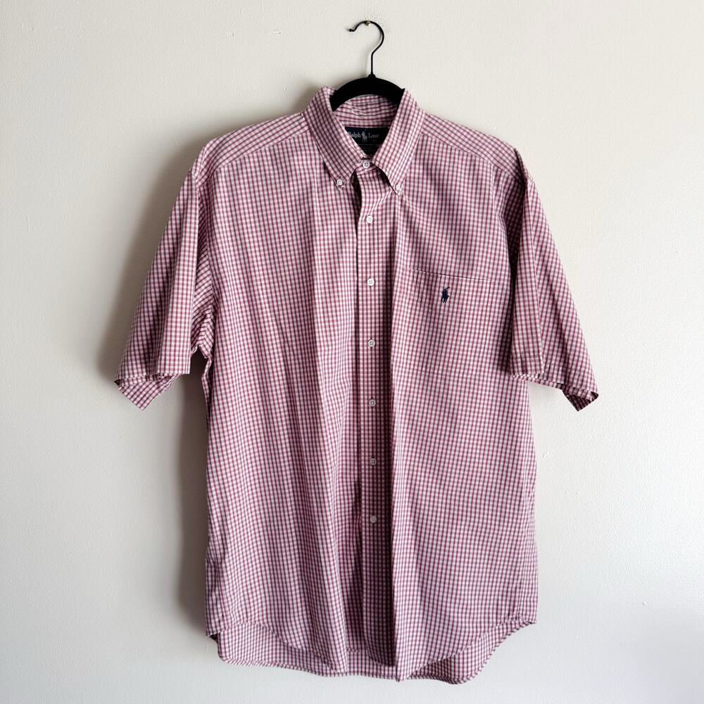 Ralph Lauren Red + Tan Plaid Short Sleeve Blaire Button Down Large Cotton Preppy